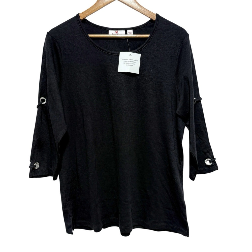 Quacker Factory Tunic Womens L Black 3/4 Open Sleeve Cotton Rhinestone Top New